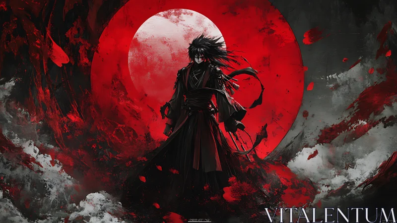 Samurai silhouette against turbulent crimson solar vortex.