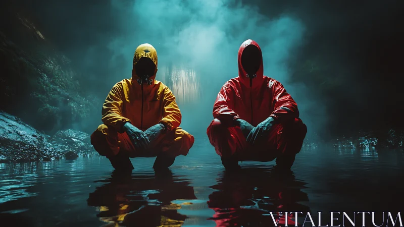 Hooded figures in hazmat suits over eerie reflective water.
