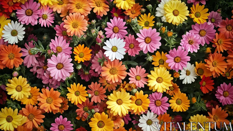 Gerbera daisy flowers in multiple color variations arranged densely together.
