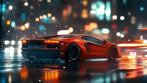 Orange supercar cuts wet neon boulevard under rainfall.