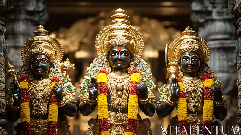 Photorealistic triptych of ornate Hindu temple deities in gold.