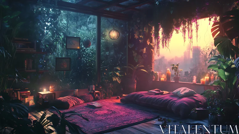 Lush glasshouse bedroom glows with twilight candles and vines.