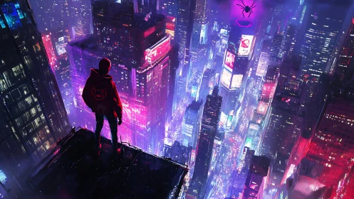 Hooded figure overlooking neon cyberpunk cityscape at night.