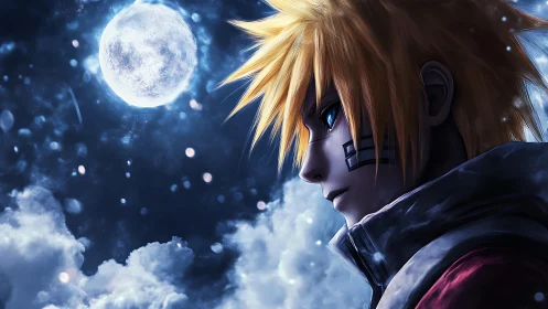Side-profile anime warrior stares at moonlit cloudy sky