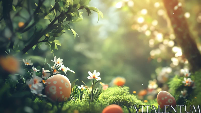 Easter eggs in soft sunlight on a lush forest floor.