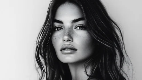 Monochrome portrait captures calm, freckled feminine beauty.
