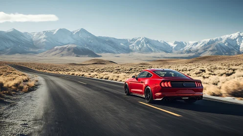 Red sports car on empty desert highway near snowy mountains.