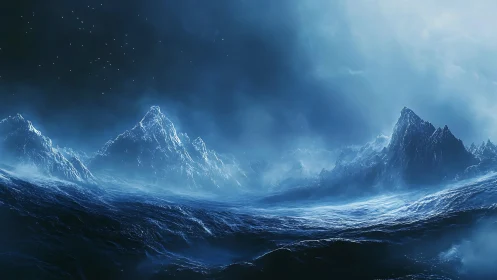 Frozen ocean waves under jagged blue mountain peaks.