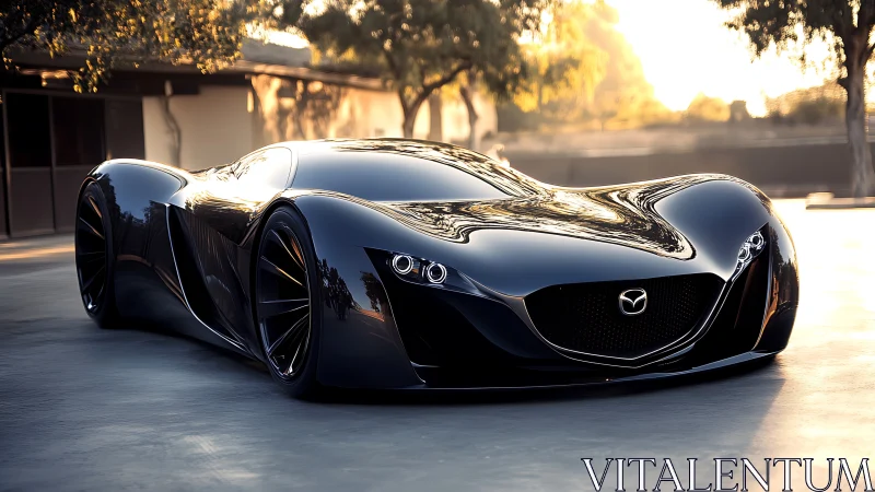 Futuristic black Mazda concept car gleams in warm sunset light