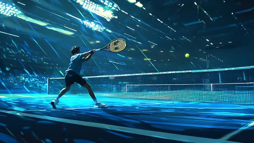 Electric blue tennis rally under cinematic arena lights.
