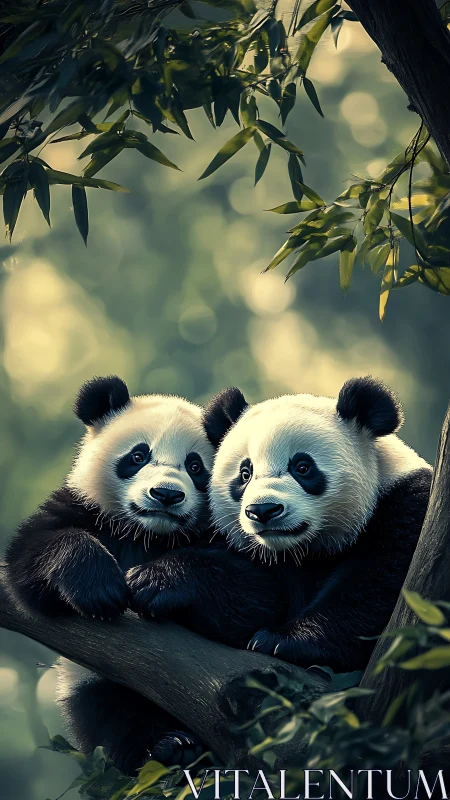 Snuggly panda siblings sharing a quiet treetop cuddle moment.