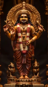 Golden Hindu deity statue with ornate halo and garlands.