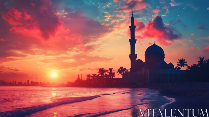 Coastal mosque silhouette under saturated sunset gradient sky