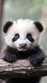 Baby panda grips weathered branch with curious bright gaze.