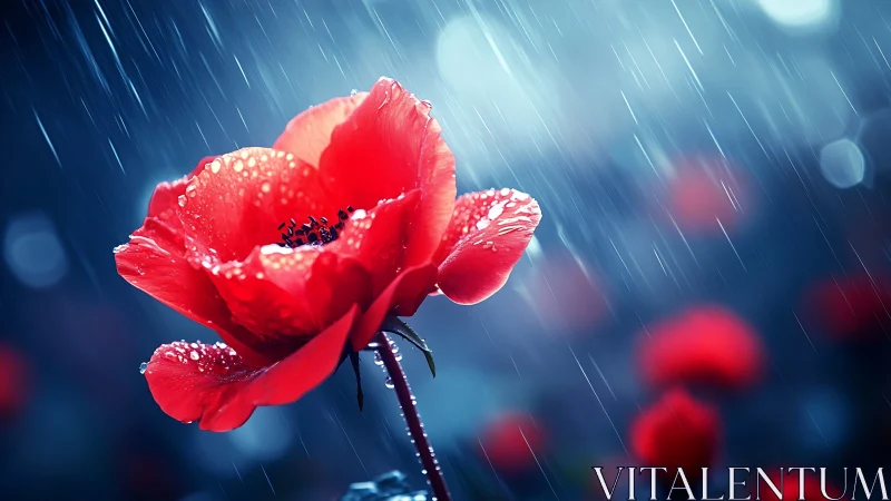 Luminescent Red Poppy in Nocturnal Rainfall with Bokeh Atmospheric Effects.