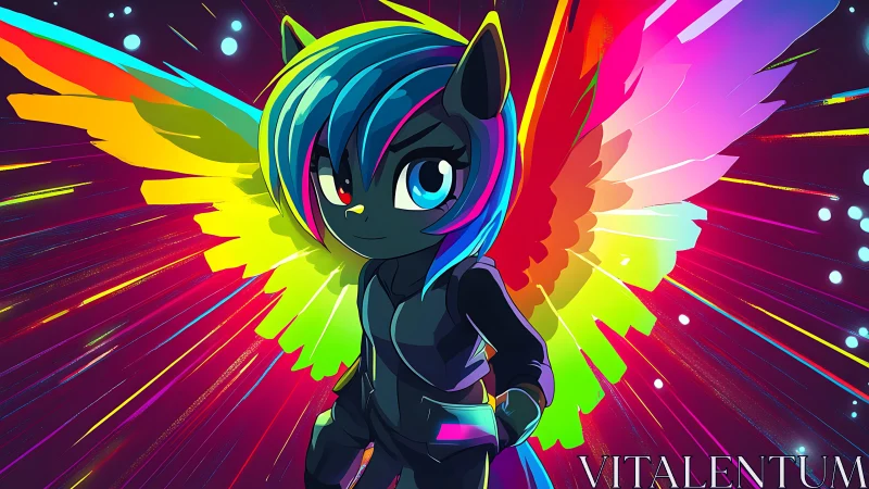 Neon pegasus hero spreads radiant rainbow wings with pride