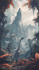 Gentle giant wanders ember-fern valley beneath stormed spire.