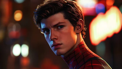 Brooding young superhero in neon city nightscape portrait.