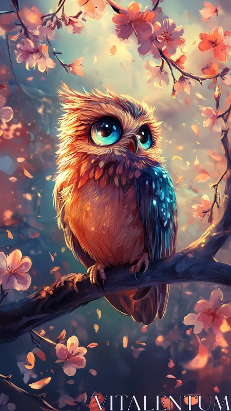 Owlet with starlit eyes dreams quietly in the cherry dusk