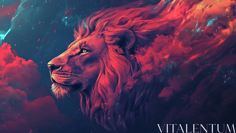 Nebula-maned lion blazing through a cosmic stormscape.