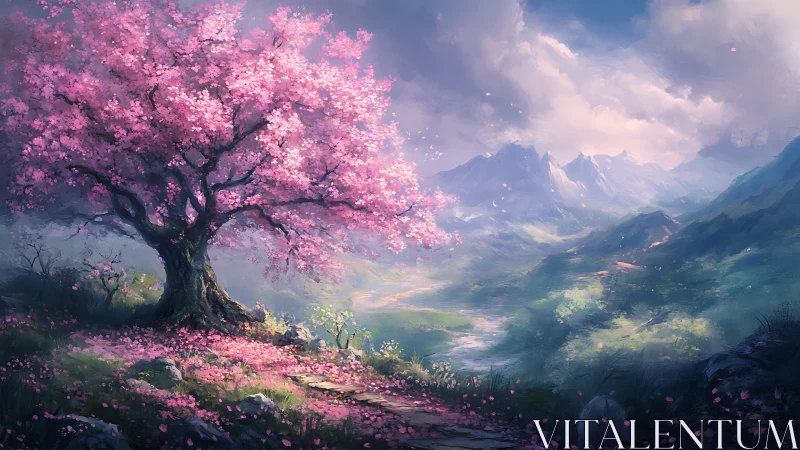 Chromatic cherry tree beside atmospheric alpine valley path.