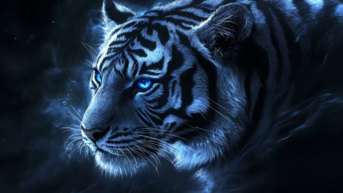 Blue-illuminated digital tiger portrait in dark profile view.