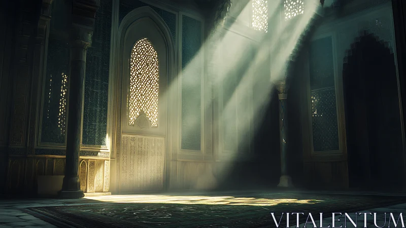 Sunlit arches define silent ornate prayer hall interior.