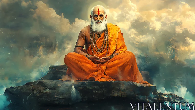 Mystic sage in orange robes meditates above stormy clouds