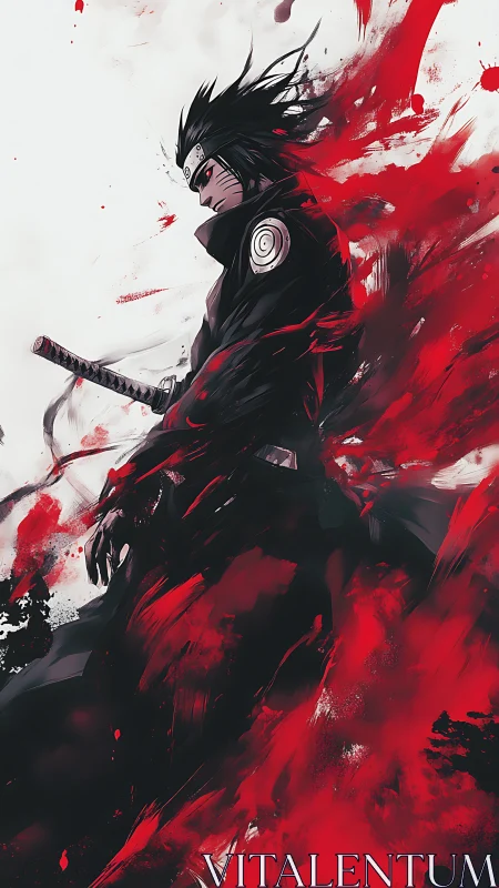 Brooding anime swordsman in explosive red ink storm.