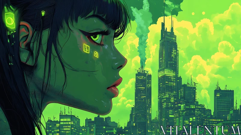 Augmented cyborg profile scans neon green cyberpunk megacity skyline