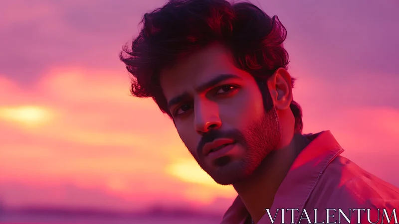Man looks toward camera under vivid pink sunset lighting