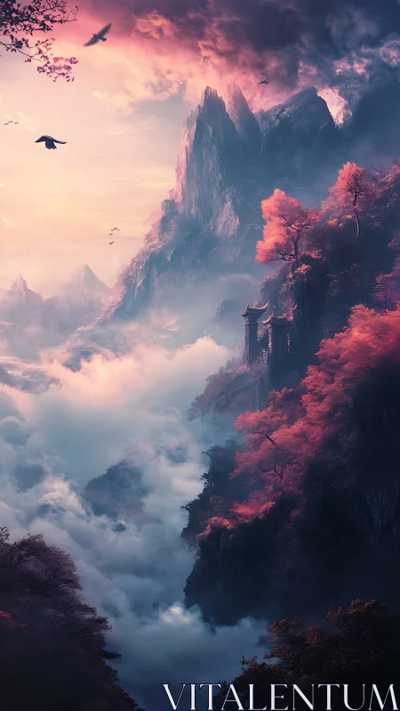 Vertical fantasy landscape with misted cliffs and crimson trees.