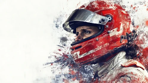 Focused racing driver in red helmet emerges through paint chaos