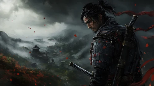 Samurai warrior overlooks mist-laden valley in stormlight.