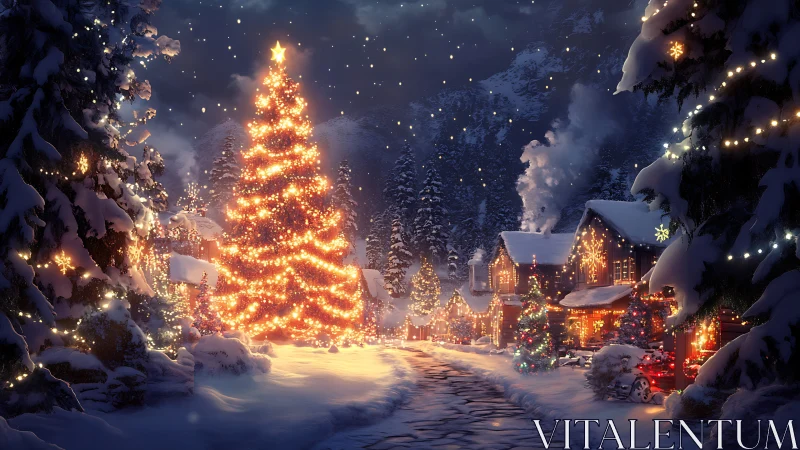 Snow-covered village street shows illuminated Christmas trees