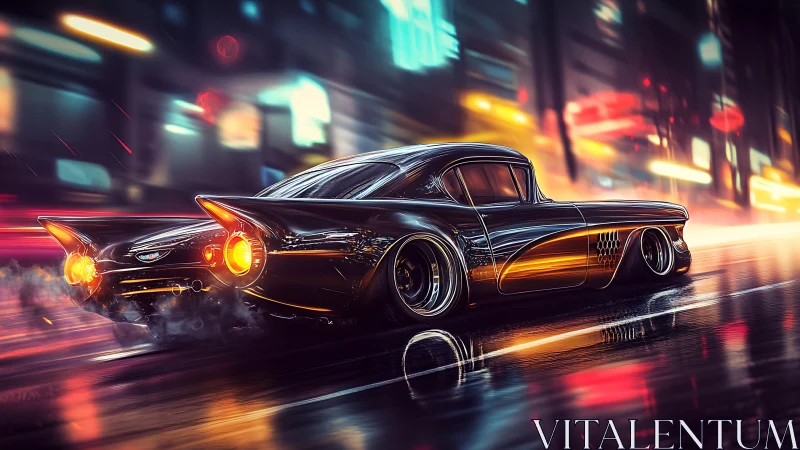 Sleek retro futurist car blazing through neon city streets.