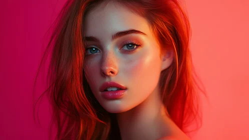 Soft neon portrait in glowing coral and rose light.