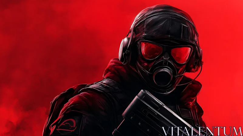 Masked tactical soldier in red gas mask and combat gear.