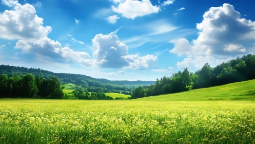 Grassy valley landscape under cumulus clouds in daylight.