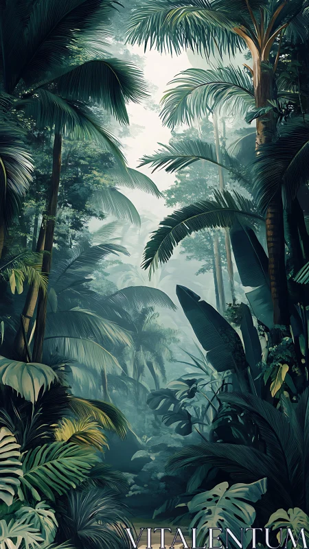 Layered tropical forest interior with filtered overhead light