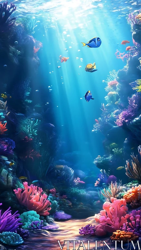 Sunlit coral reef canyon with colorful tropical fish school.