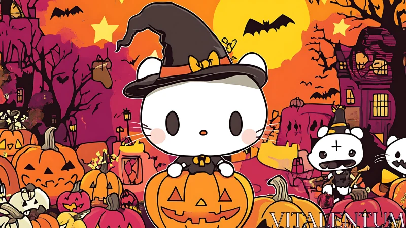 Cartoon white cat in witch costume sits among pumpkins