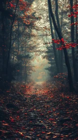 Autumn Forest Path Glowing Through Red Foliage