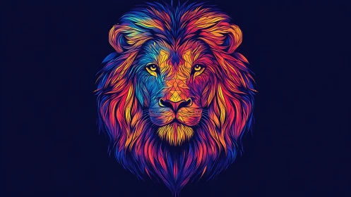 Neon chromatic lion portrait in symmetric vector composition.