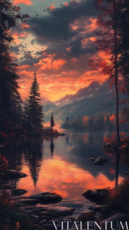 Fiery mountain sunset ignites tranquil forest lake reflection.