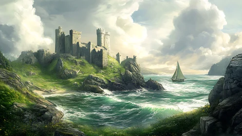 Medieval Coastal Fortress on Cliff Prominence with Compositional Atmospheric Depth