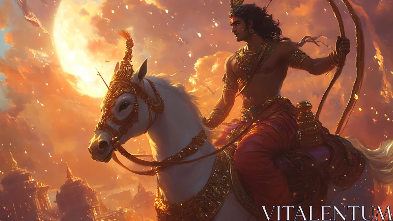 Sun-forged warrior prince riding moonlit celestial stallion.