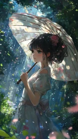Girl with parasol pauses in a dreamlit forest rain
