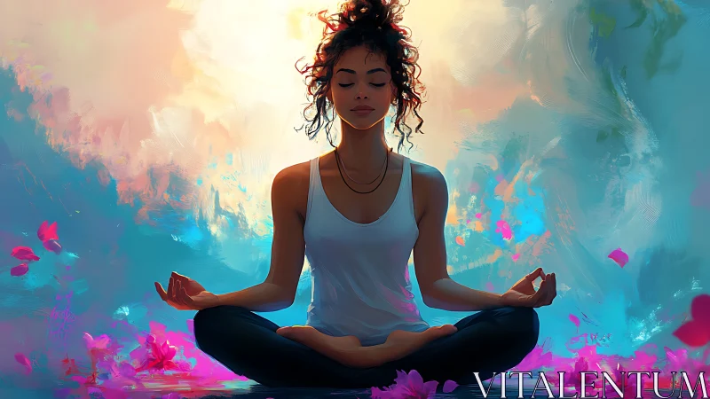 Serene woman meditating in soft colorful dreamlike light.