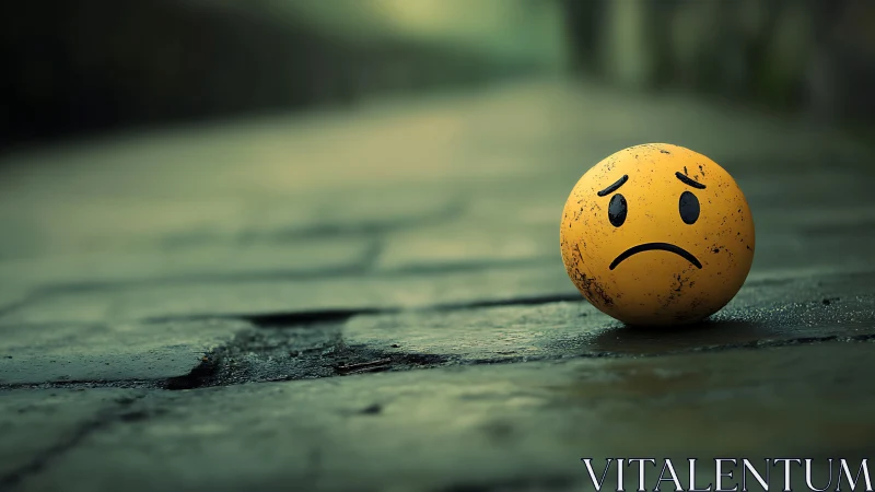 Lonely sad emoji ball brooding on a rain-darkened street.